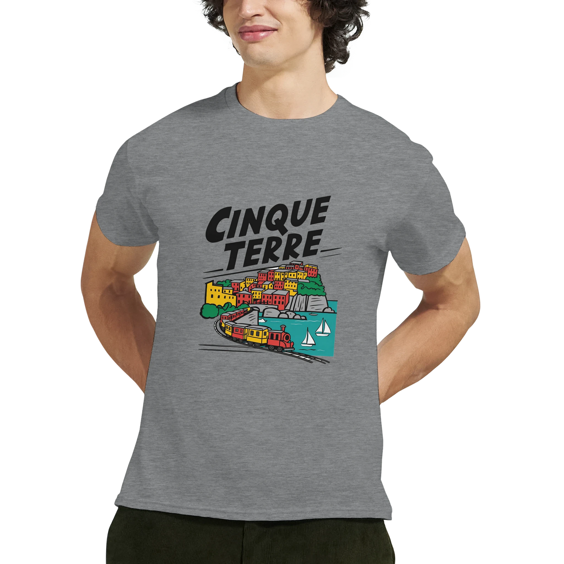 Cinque Terre Italy Unisex Travel T-Shirt featuring a man