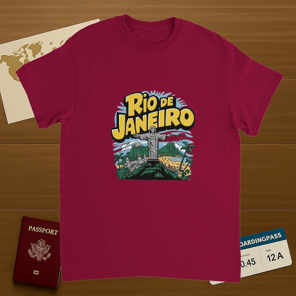cardinal red Rio de Janeiro Brazil Unisex Travel T-Shirt on wooden background with world map, passport, and boarding pass