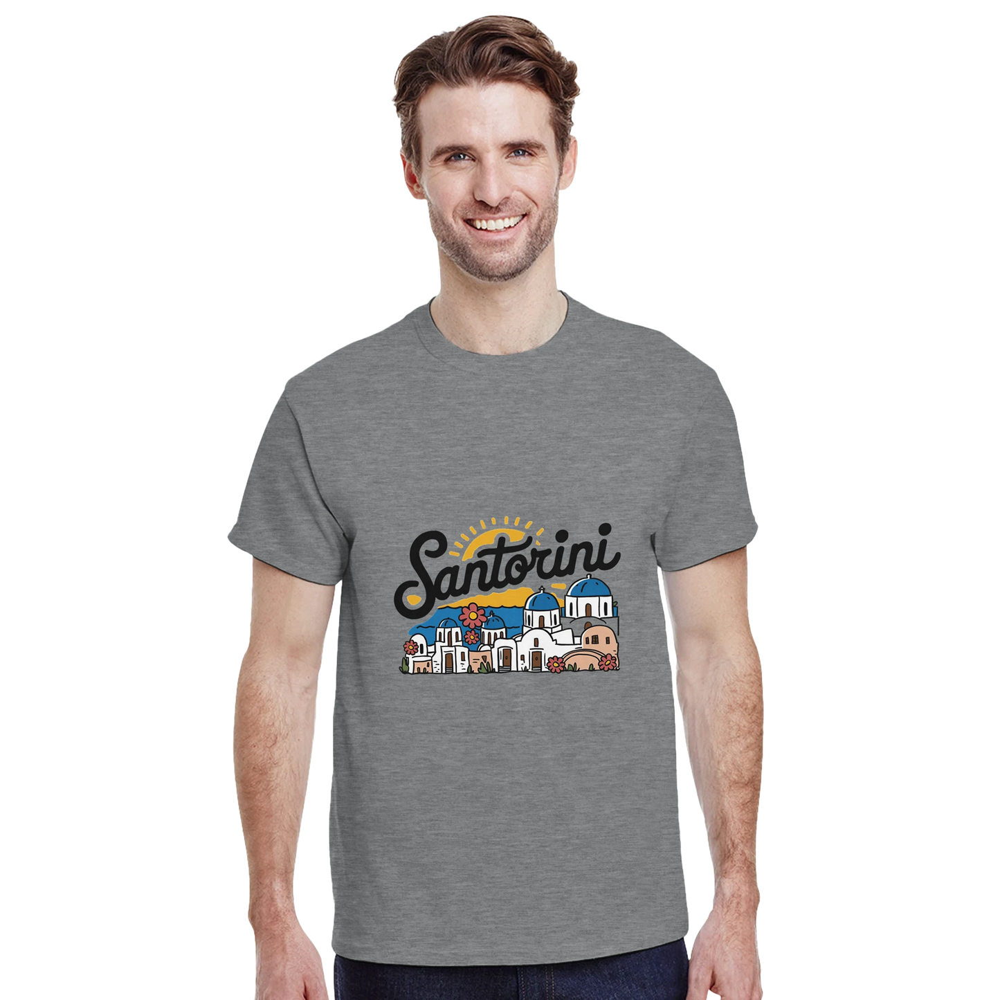 Santorini Greece Unisex Travel T-Shirt featuring a man