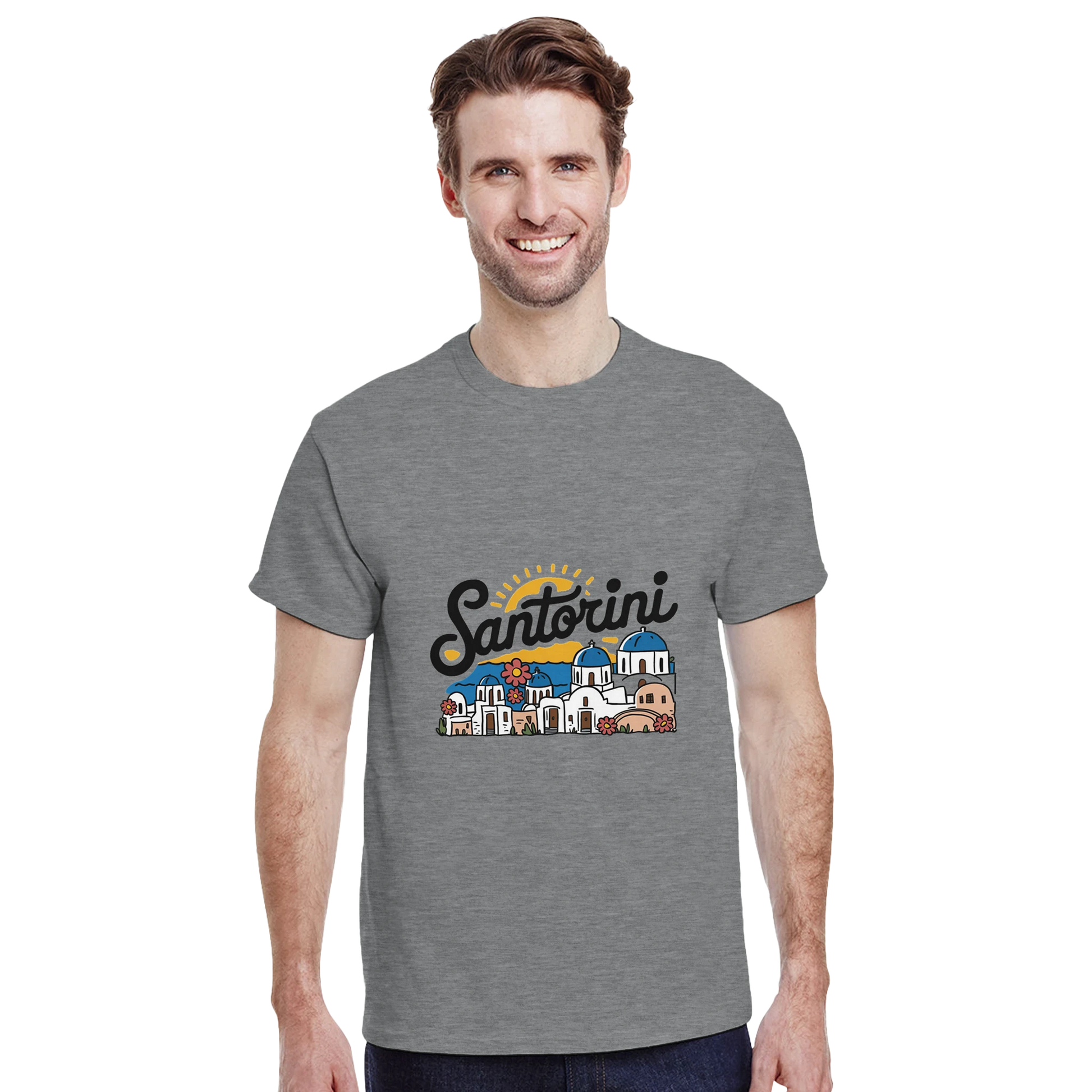Santorini Greece Unisex Travel T-Shirt featuring a man