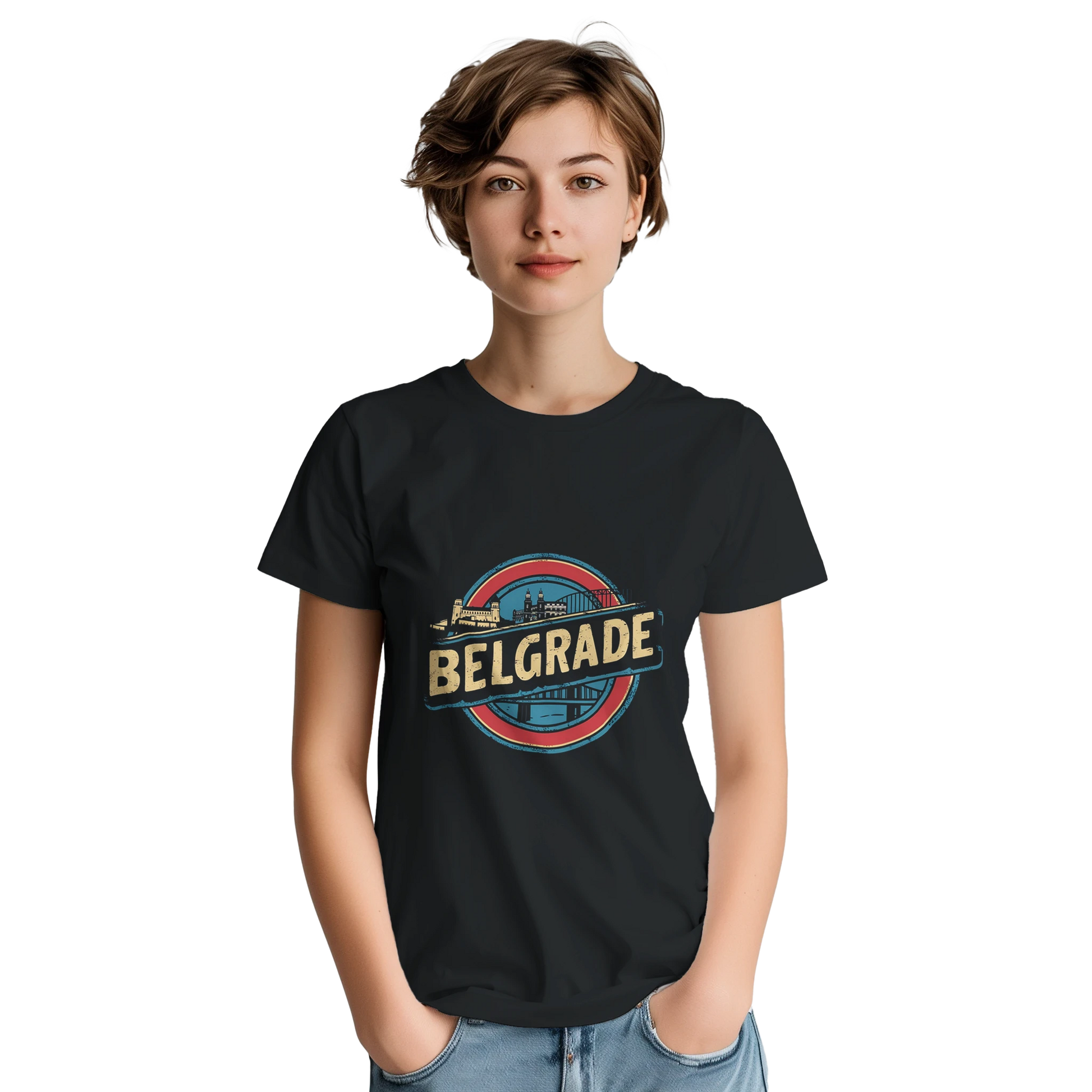 Belgrade Serbia Unisex Travel T-Shirt on wooden background with world map, passport, and boarding pass