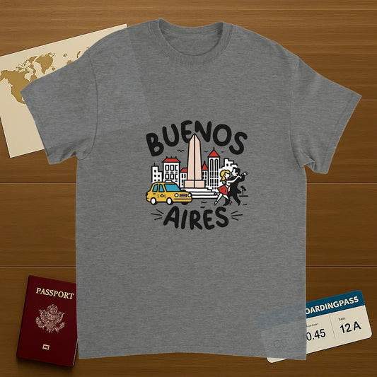 sport grey Buenos Aires Argentina Unisex Travel T-Shirt on wooden background with world map, passport, and boarding pass