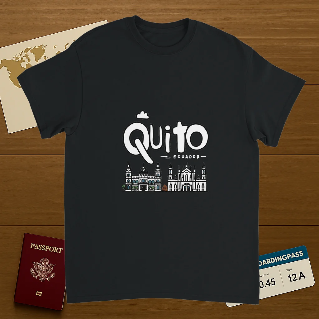 black Quito Ecuador Unisex Travel T-Shirt on wooden background with world map, passport, and boarding pass