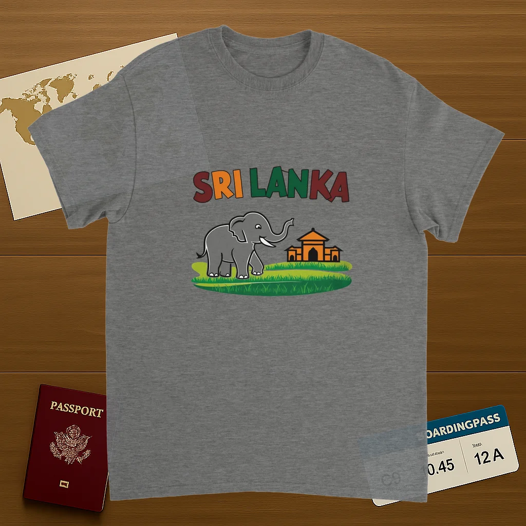 sport grey Sri Lanka Unisex Travel T-Shirt on wooden background with world map, passport, and boarding pass