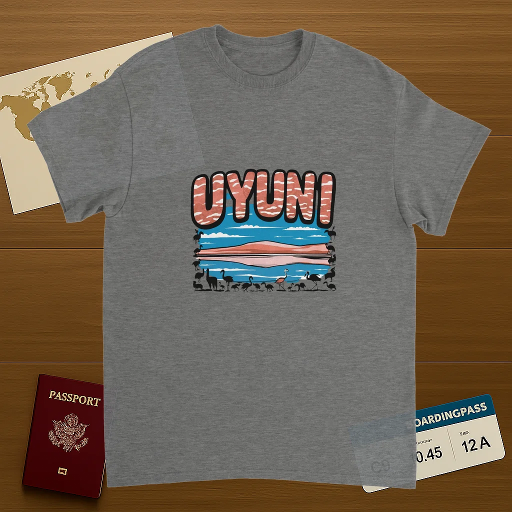 sport grey Uyuni Bolivia Unisex Travel T-Shirt on wooden background with world map, passport, and boarding pass