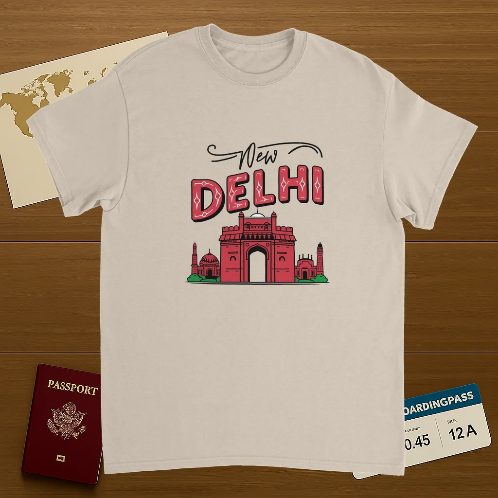 New Delhi India Unisex Travel T-Shirt on wooden background with world map, passport, and boarding pass
