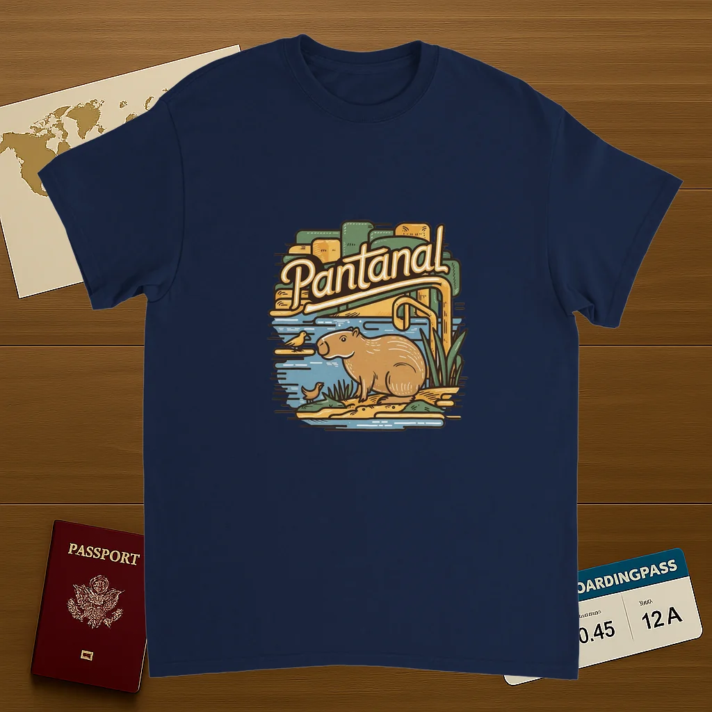 navy Pantanal Brazil Unisex Travel T-Shirt on wooden background with world map, passport, and boarding pass