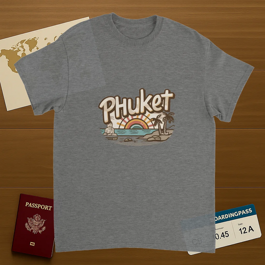 sport grey Phuket Thailand Unisex Travel T-Shirt on wooden background with world map, passport, and boarding pass