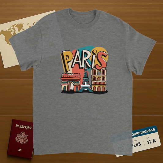sport grey Paris France Unisex Travel T-Shirt on wooden background with world map, passport, and boarding pass