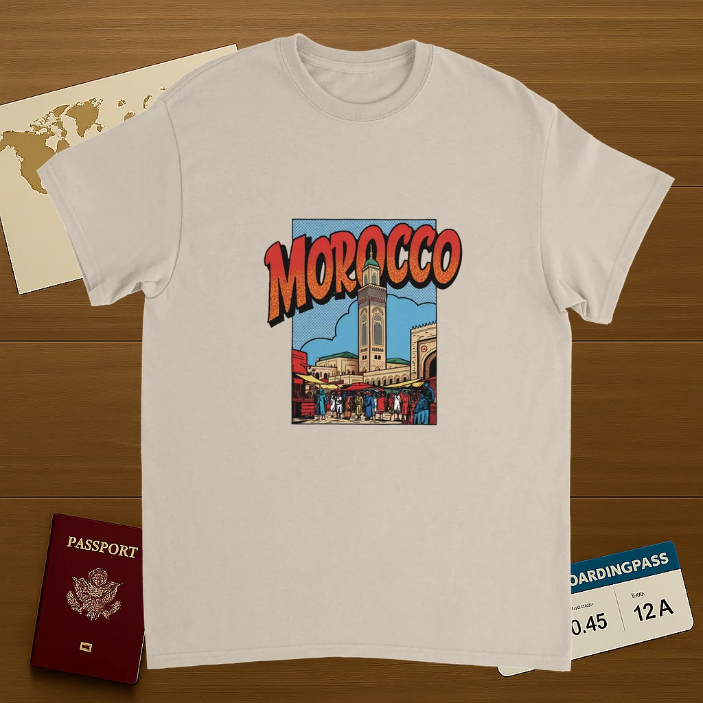 Morocco Unisex Travel T-Shirt on wooden background with world map, passport, and boarding pass