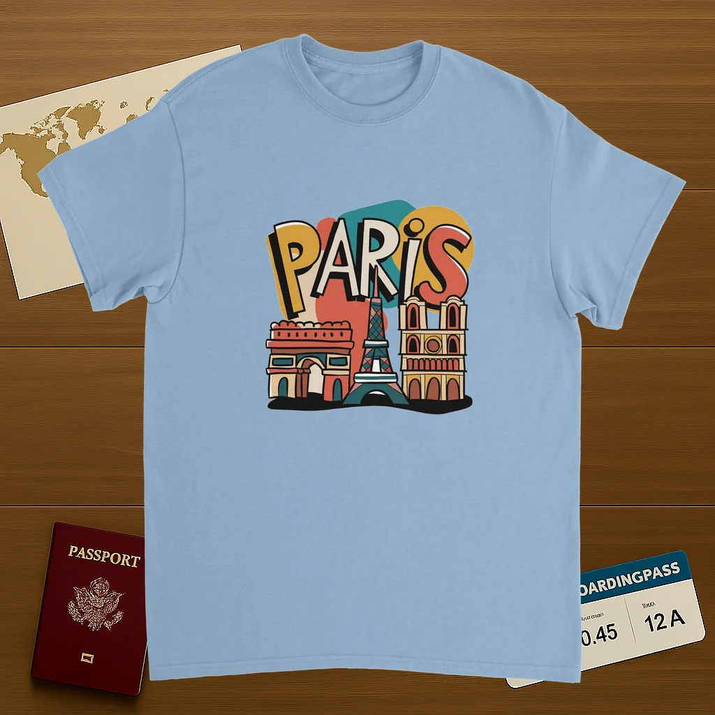 light blue Paris France Unisex Travel T-Shirt on wooden background with world map, passport, and boarding pass