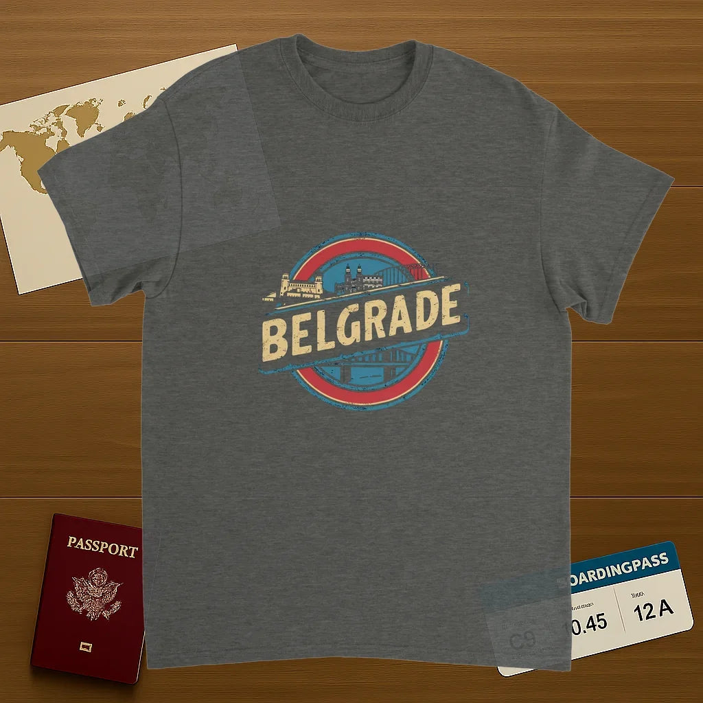 Belgrade Serbia Unisex Travel T-Shirt on wooden background with world map, passport, and boarding pass