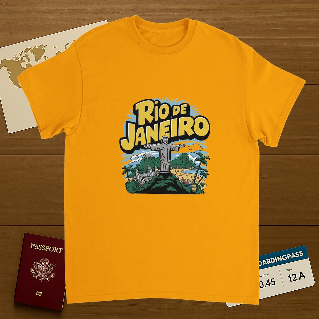 gold Rio de Janeiro Brazil Unisex Travel T-Shirt on wooden background with world map, passport, and boarding pass