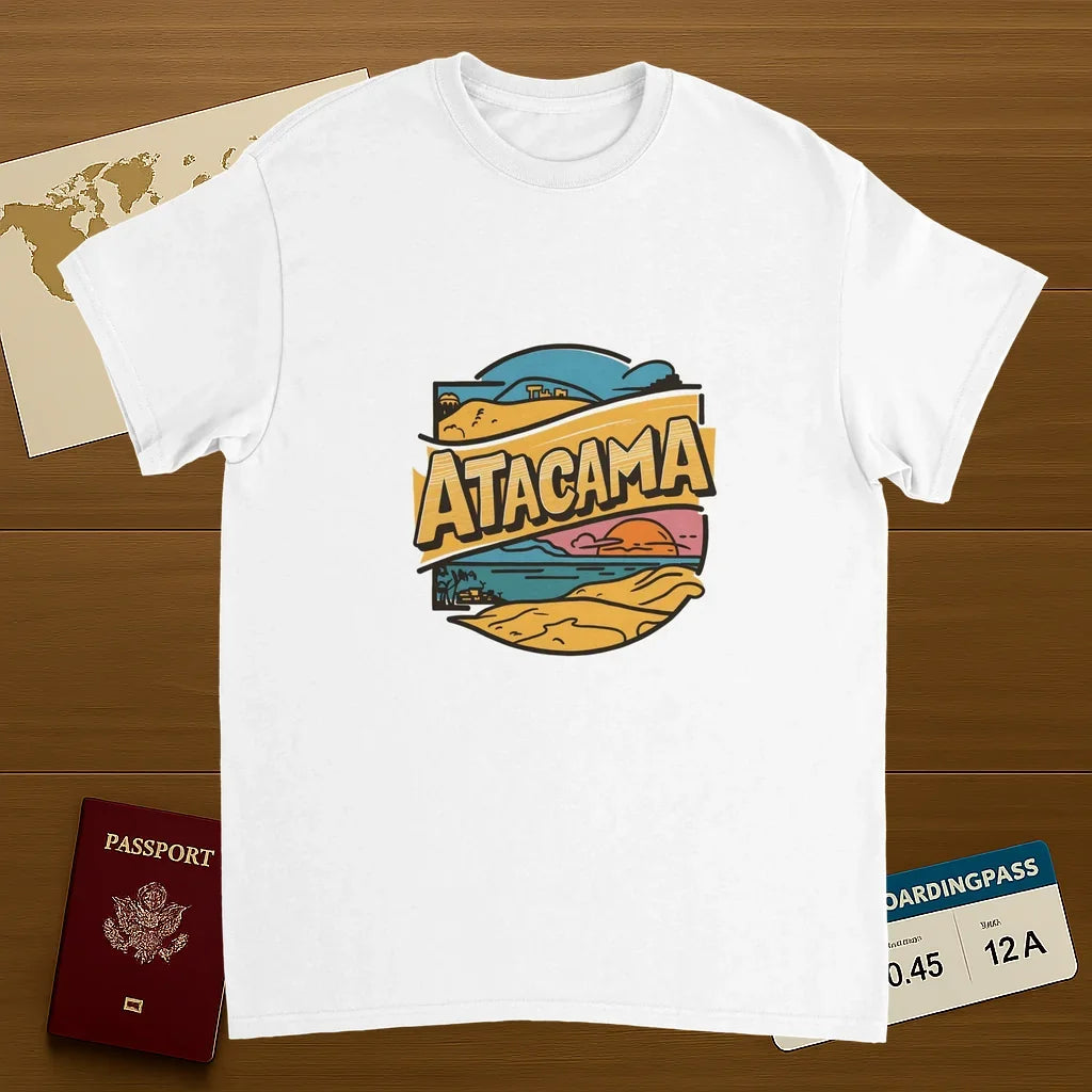 white Atacama Chile Unisex Travel T-Shirt on wooden background with world map, passport, and boarding pass
