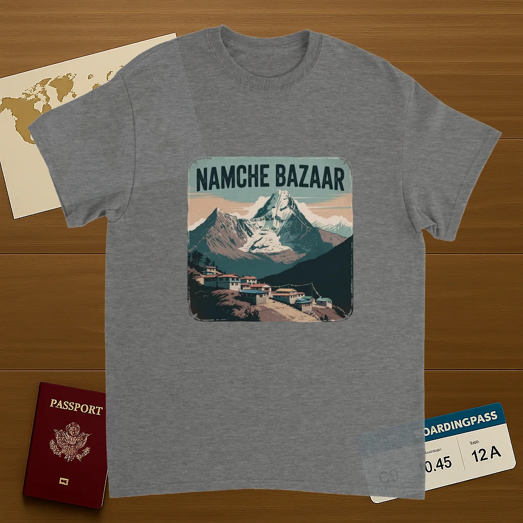 sport grey Namche Bazaar Nepal Unisex Travel T-Shirt on wooden background with world map, passport, and boarding pass