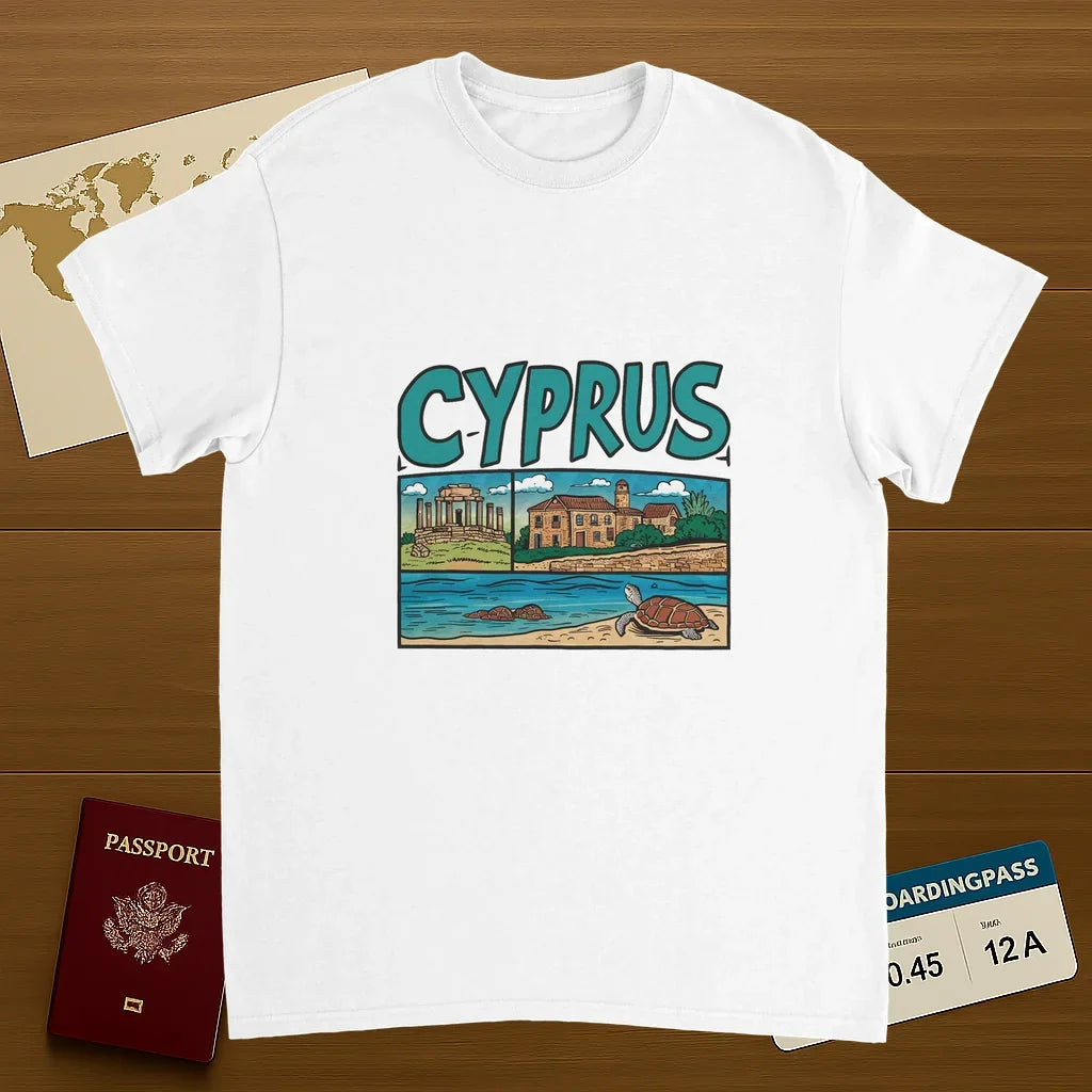 white Cyprus Unisex Travel T-Shirt on wooden background with world map, passport, and boarding pass