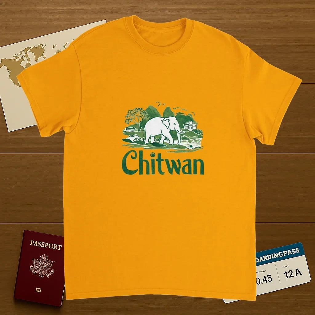 gold Chitwan Nepal Unisex Travel T-Shirt on wooden background with world map, passport, and boarding pass