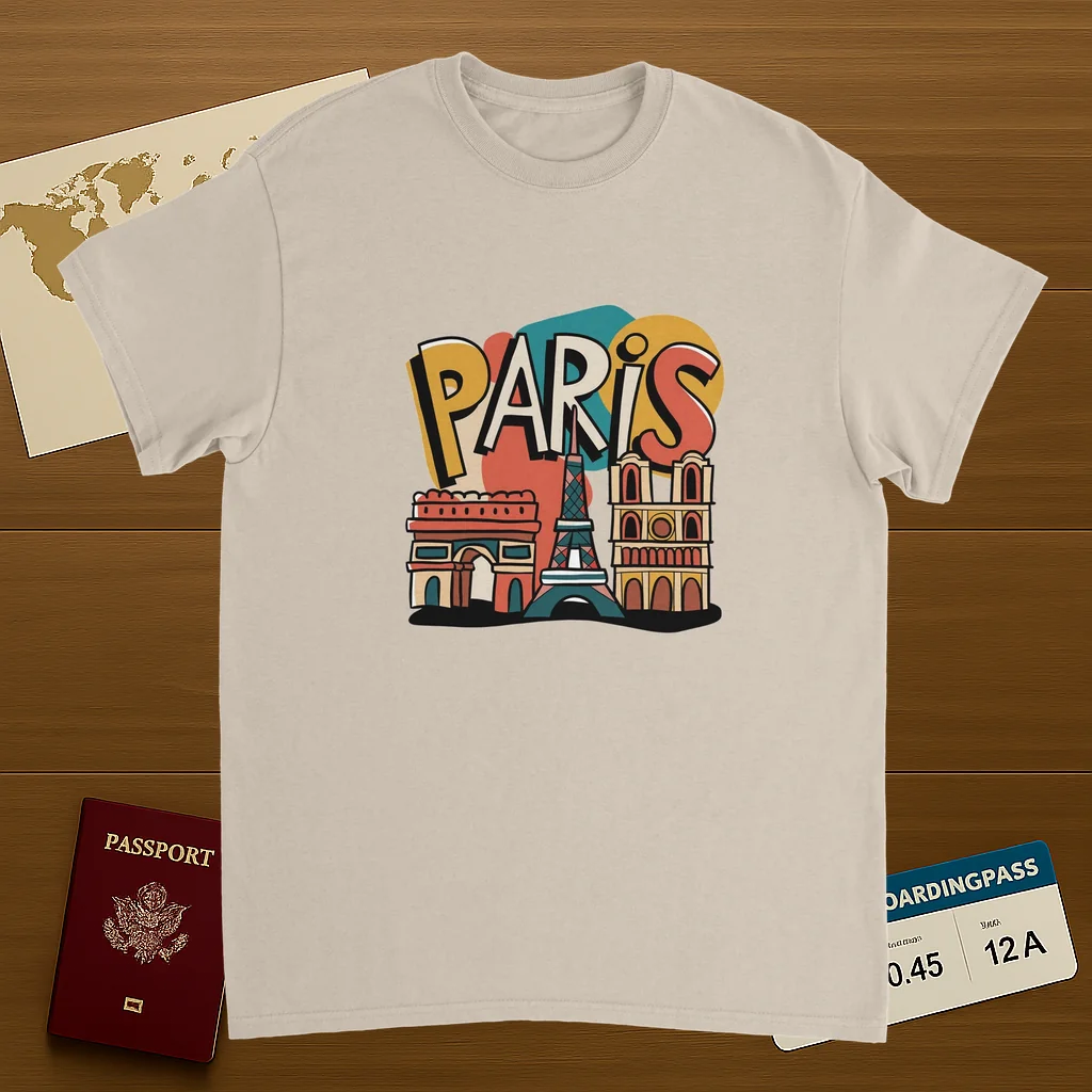 Paris France Unisex Travel T-Shirt on wooden background with world map, passport, and boarding pass