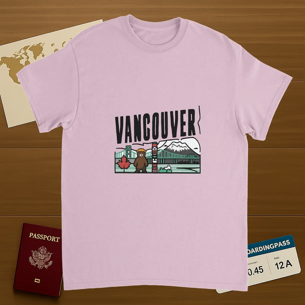 light pink Vancouver Canada Unisex Travel T-Shirt on wooden background with world map, passport, and boarding pass