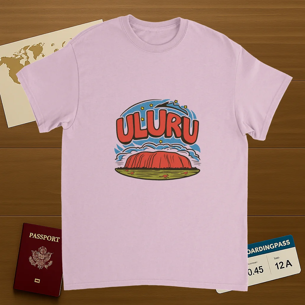 light pink Uluru Australia Unisex Travel T-Shirt on wooden background with world map, passport, and boarding pass