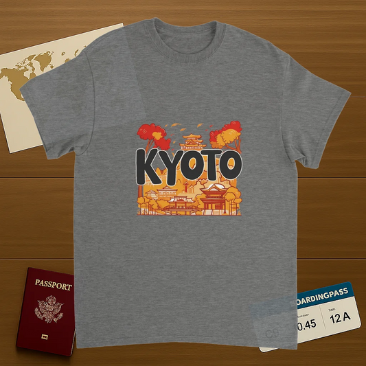 sport grey Kyoto Japan Unisex Travel T-Shirt on wooden background with world map, passport, and boarding pass