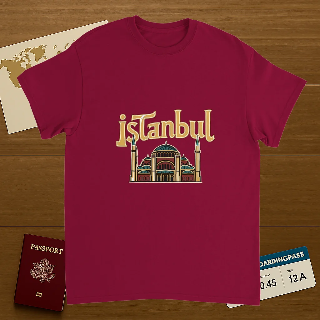cardinal red Istanbul Turkey Unisex Travel T-Shirt on wooden background with world map, passport, and boarding pass