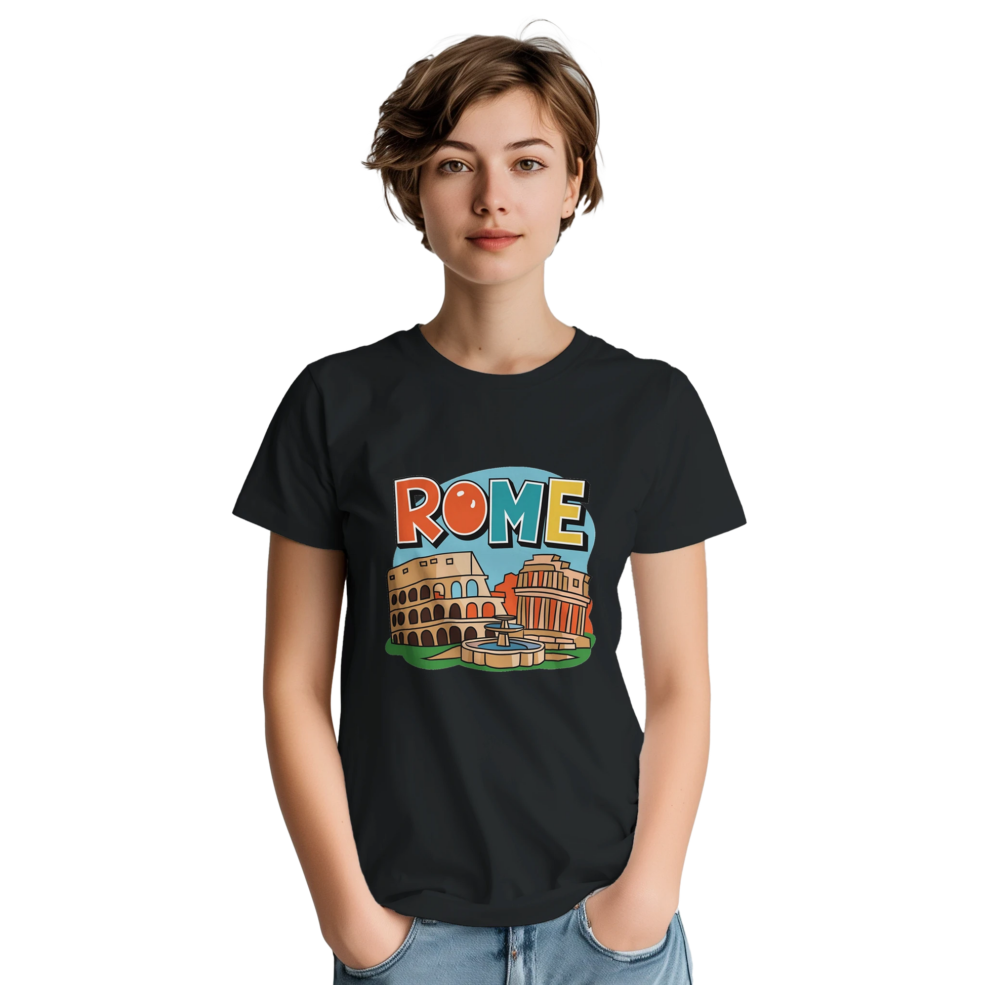 Rome Italy Unisex Travel T-Shirt on wooden background with world map, passport, and boarding pass