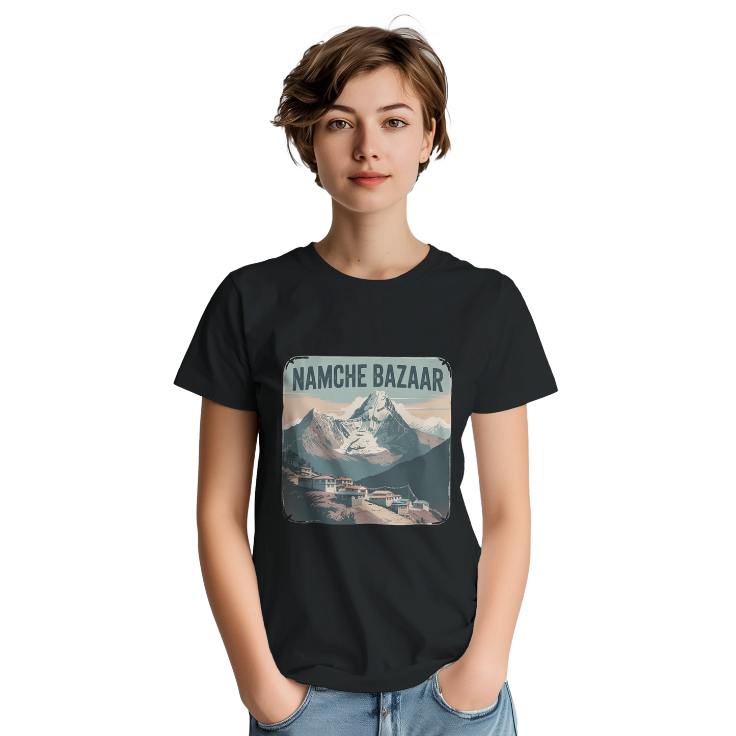 Namche Bazaar Nepal Unisex Travel T-Shirt featuring a person