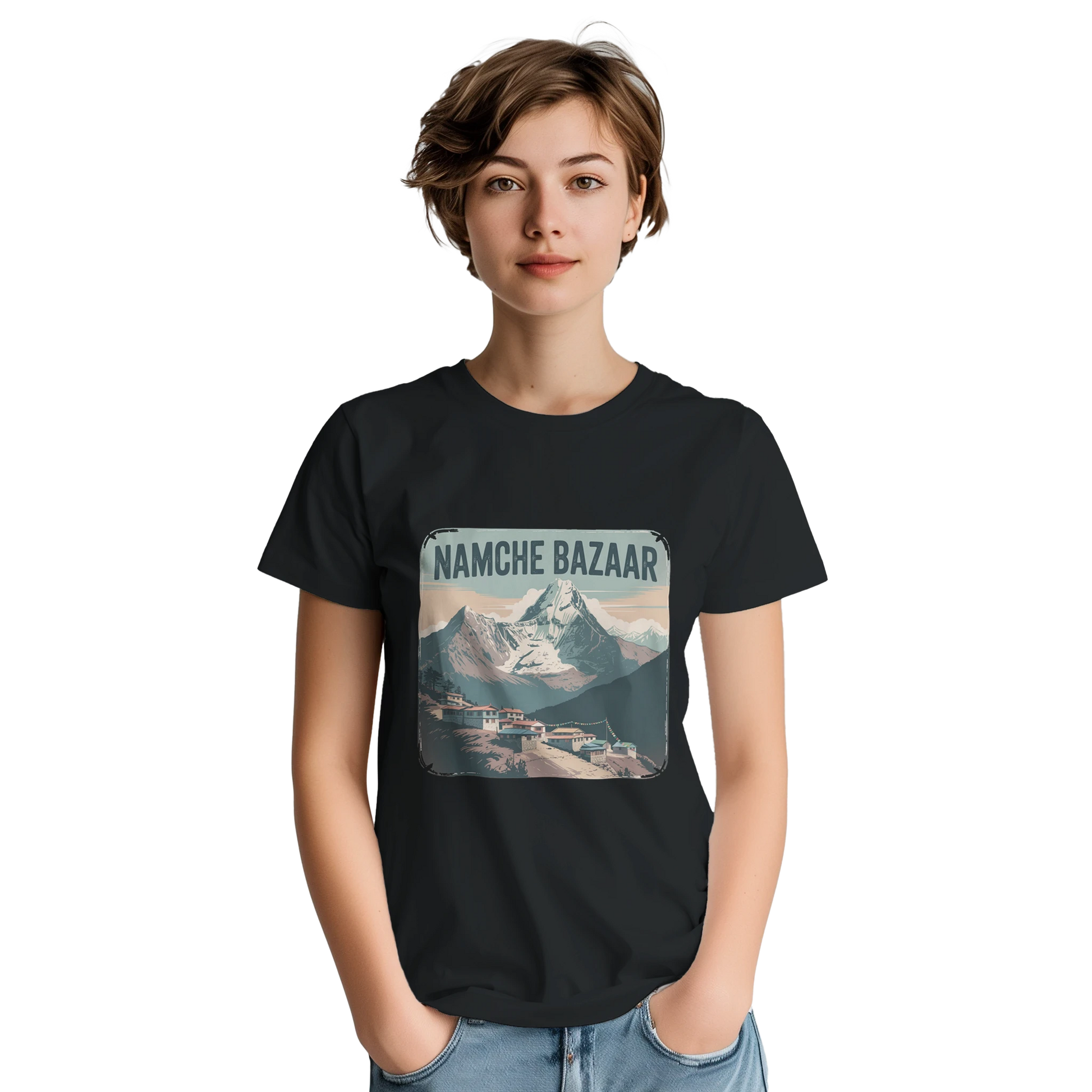 Namche Bazaar Nepal Unisex Travel T-Shirt featuring a person