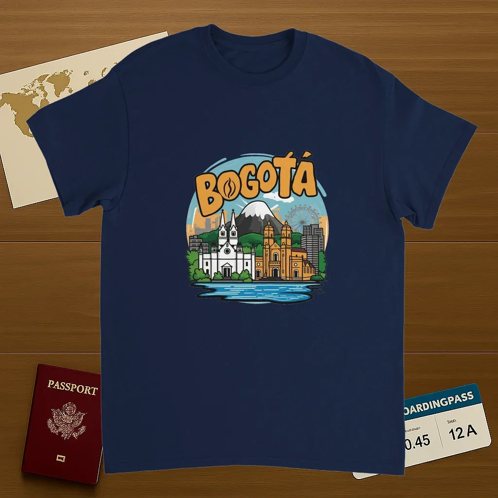 navy Bogotá Colombia Unisex Travel T-Shirt on wooden background with world map, passport, and boarding pass