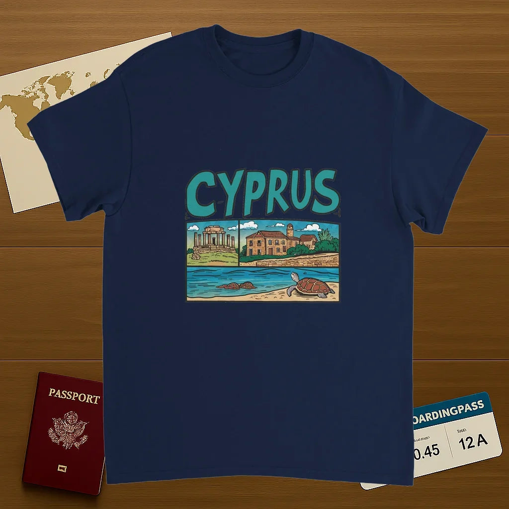 navy Cyprus Unisex Travel T-Shirt on wooden background with world map, passport, and boarding pass