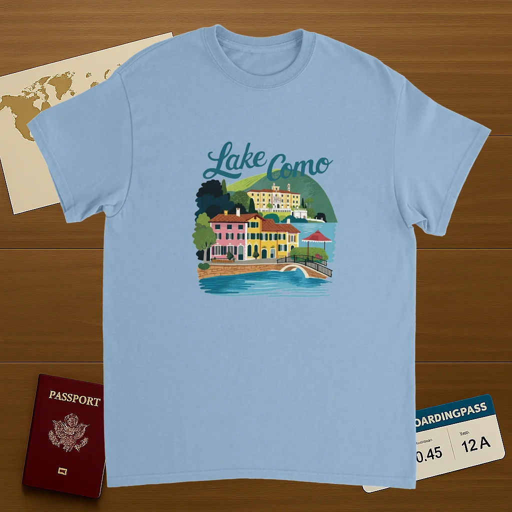 light blue Lake Como Italy Unisex Travel T-Shirt on wooden background with world map, passport, and boarding pass