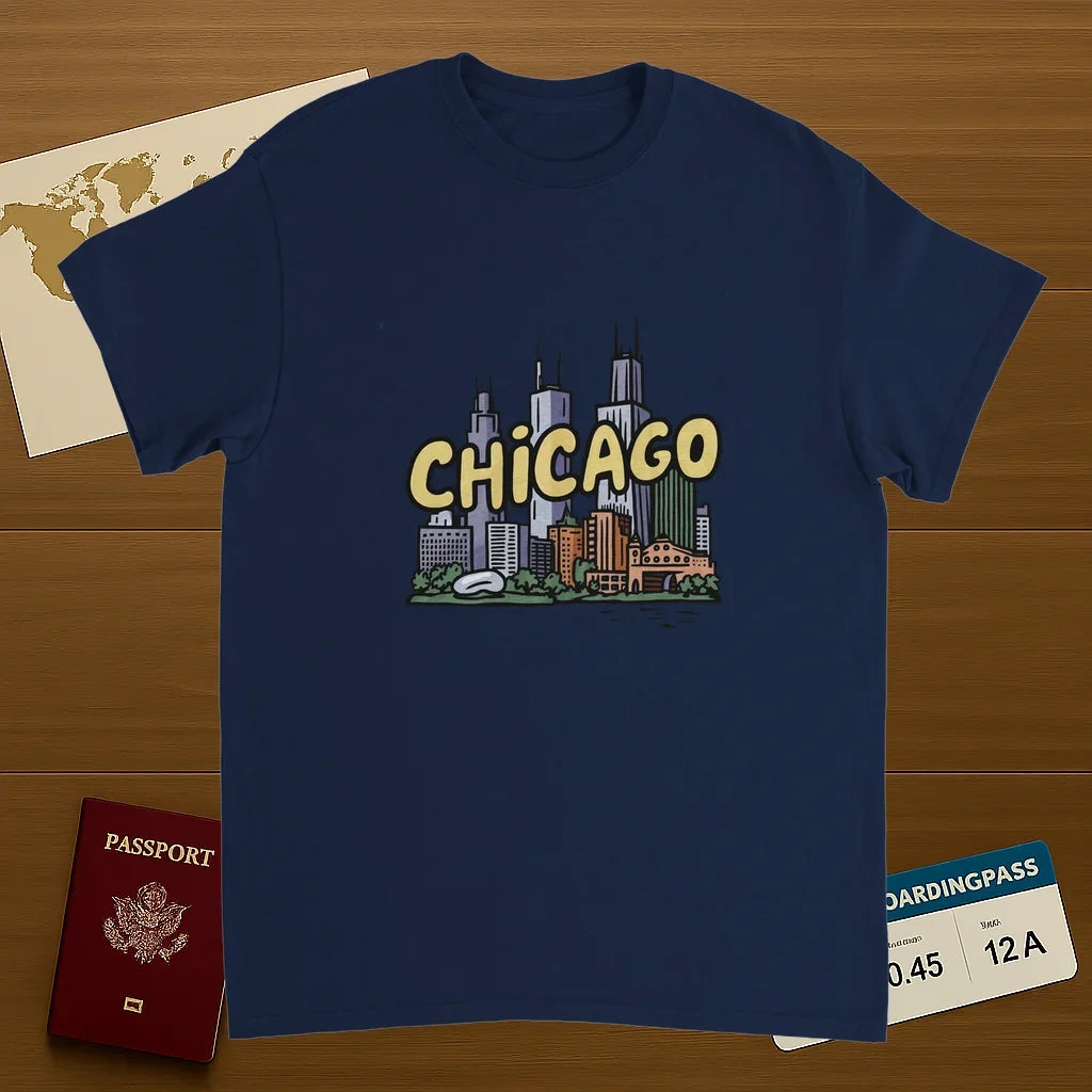 navy Chicago USA Unisex Travel T-Shirt on wooden background with world map, passport, and boarding pass