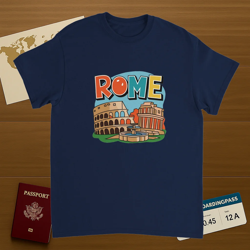 navy Rome Italy Unisex Travel T-Shirt on wooden background with world map, passport, and boarding pass