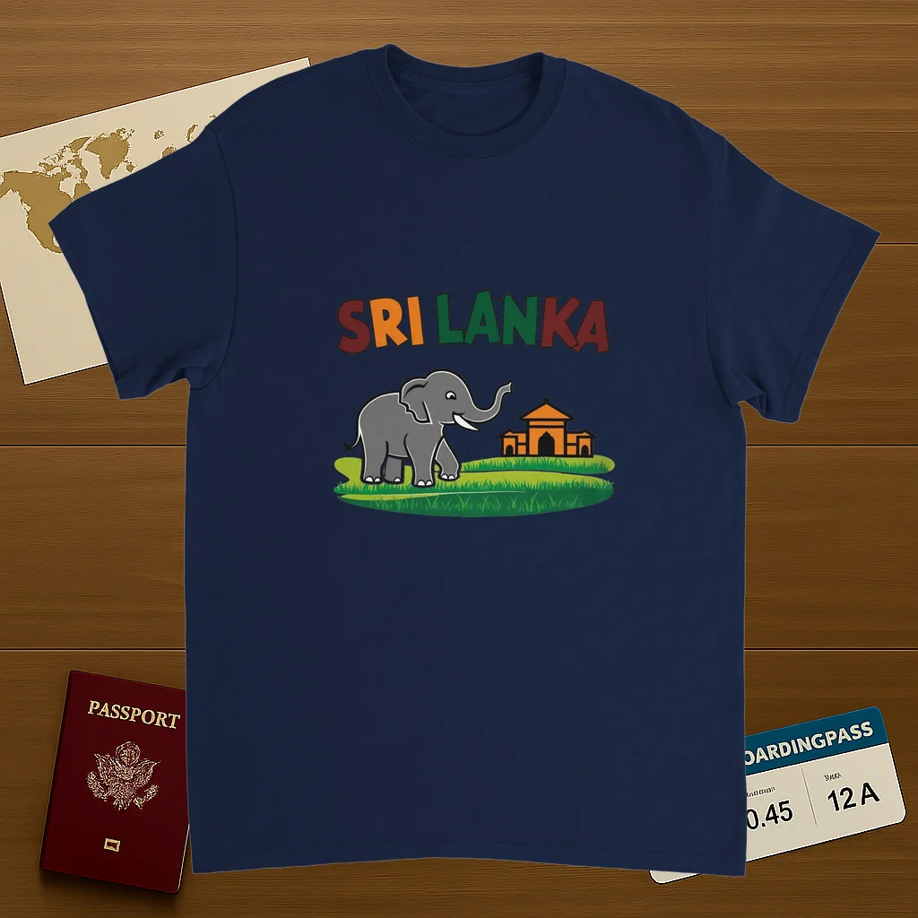 navy Sri Lanka Unisex Travel T-Shirt on wooden background with world map, passport, and boarding pass
