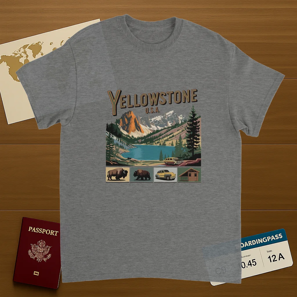 sport grey Yellowstone USA Unisex Travel T-Shirt on wooden background with world map, passport, and boarding pass