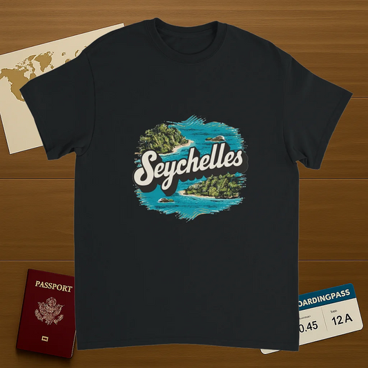 black Seychelles Unisex Travel T-Shirt on wooden background with world map, passport, and boarding pass