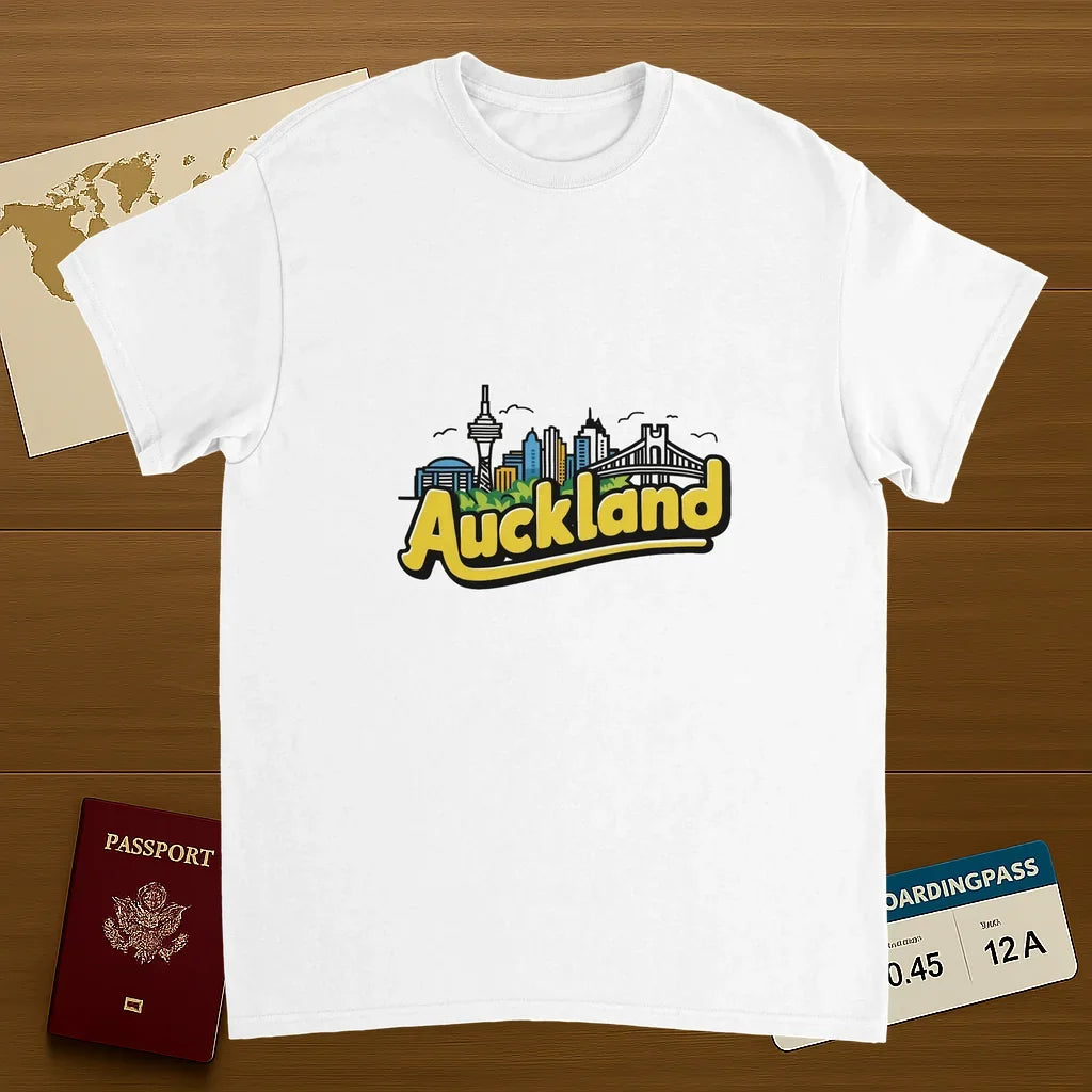 white Auckland New Zealand Unisex Travel T-Shirt on wooden background with world map, passport, and boarding pass