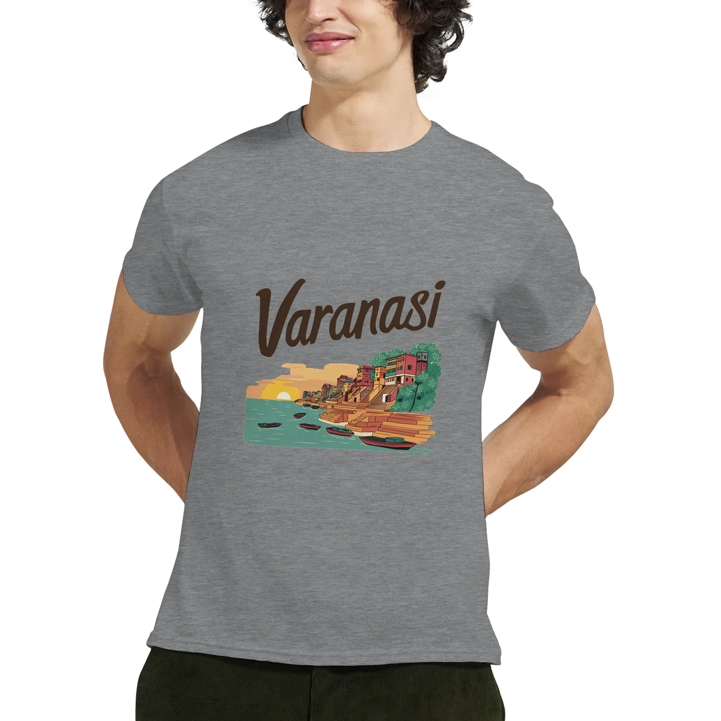 Varanasi India Unisex Travel T-Shirt featuring a man