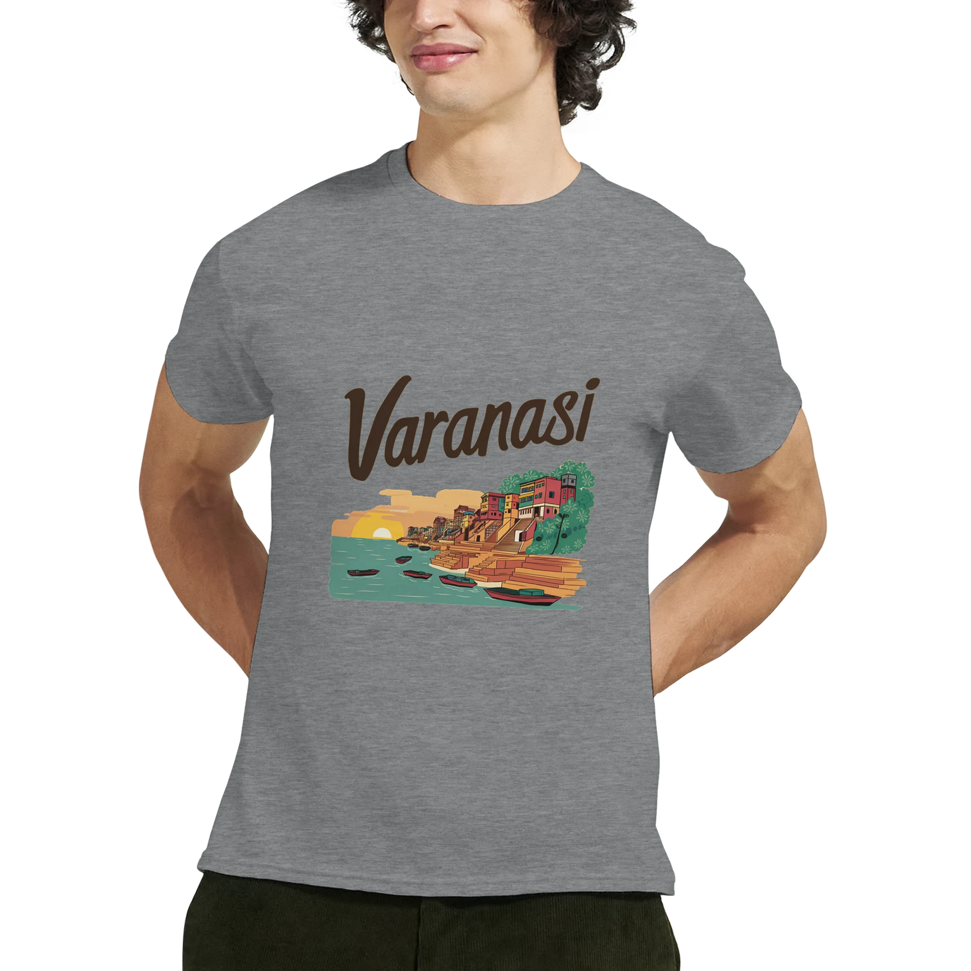 Varanasi India Unisex Travel T-Shirt featuring a man