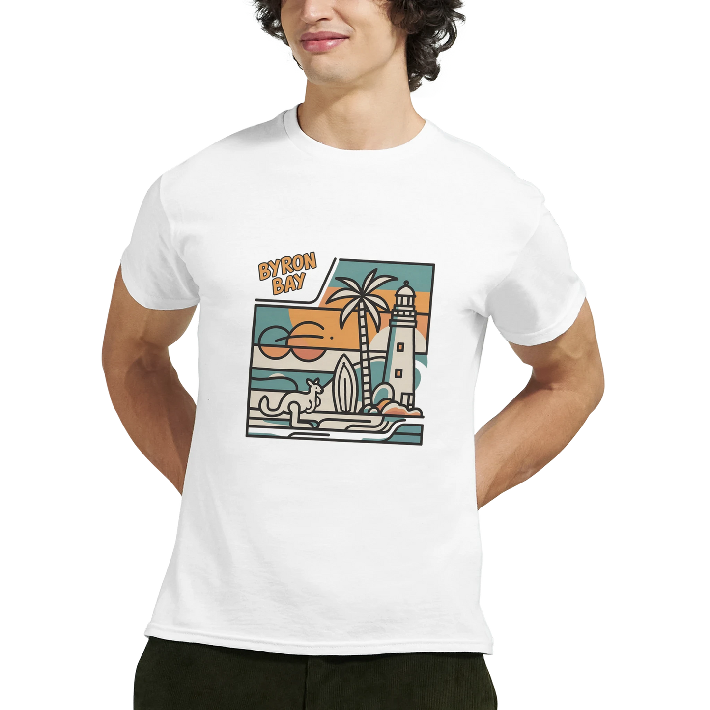 Byron Bay Australia Unisex Travel T-Shirt featuring a man