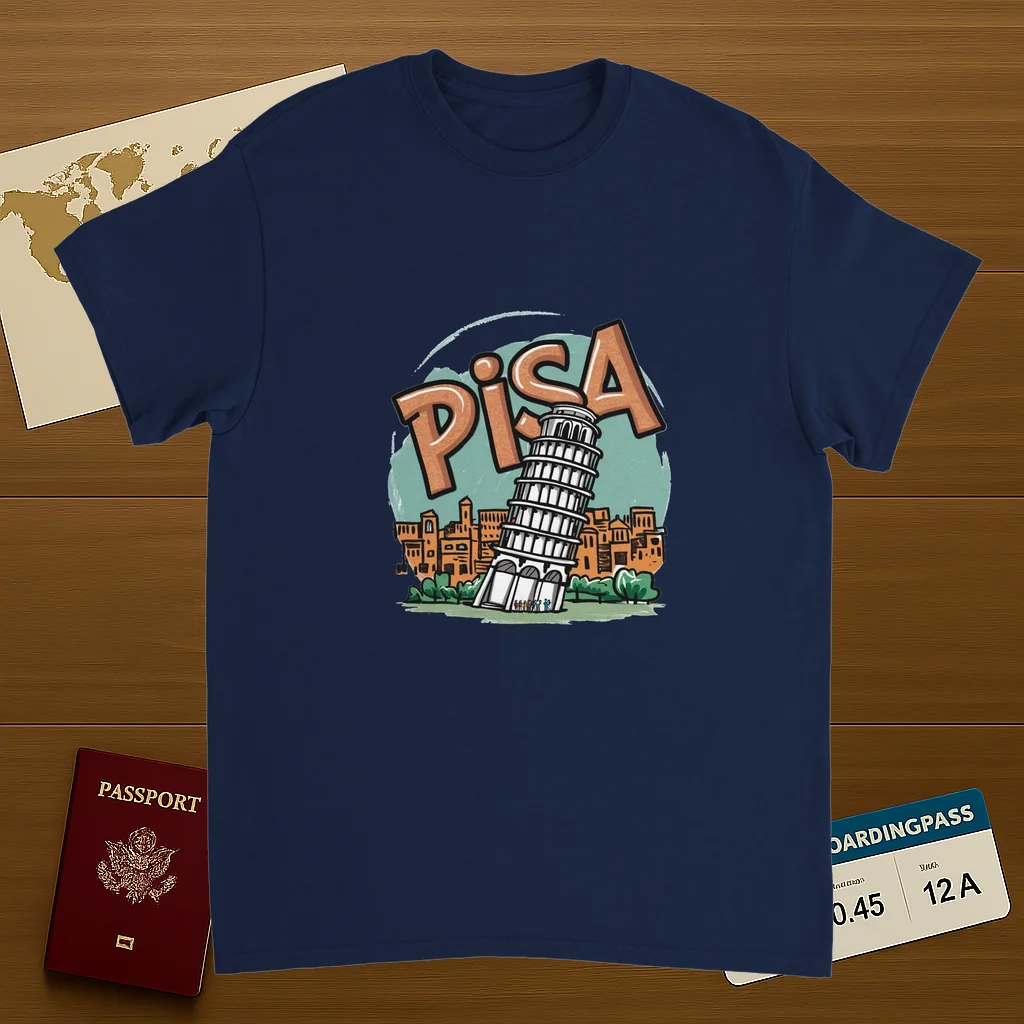 navy Pisa Italy Unisex Travel T-Shirt on wooden background with world map, passport, and boarding pass