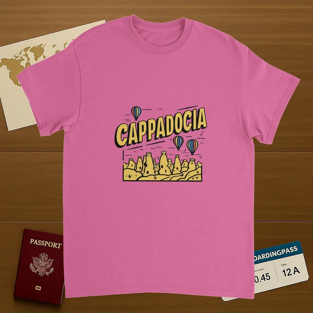 Cappadocia Turkey Unisex Travel T-Shirt on wooden background with world map, passport, and boarding pass