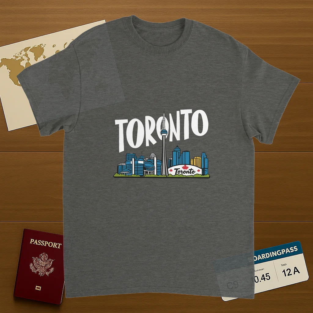 Toronto Canada Unisex Travel T-Shirt on wooden background with world map, passport, and boarding pass
