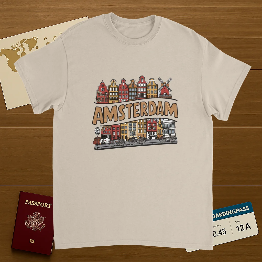 Amsterdam Netherlands Unisex Travel T-Shirt on wooden background with world map, passport, and boarding pass