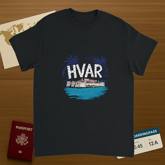 black Hvar Croatia Unisex Travel T-Shirt on wooden background with world map, passport, and boarding pass