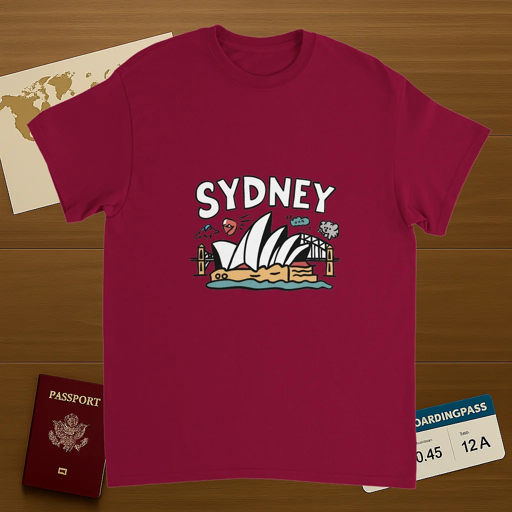 cardinal red Sydney Australia Unisex Travel T-Shirt on wooden background with world map, passport, and boarding pass