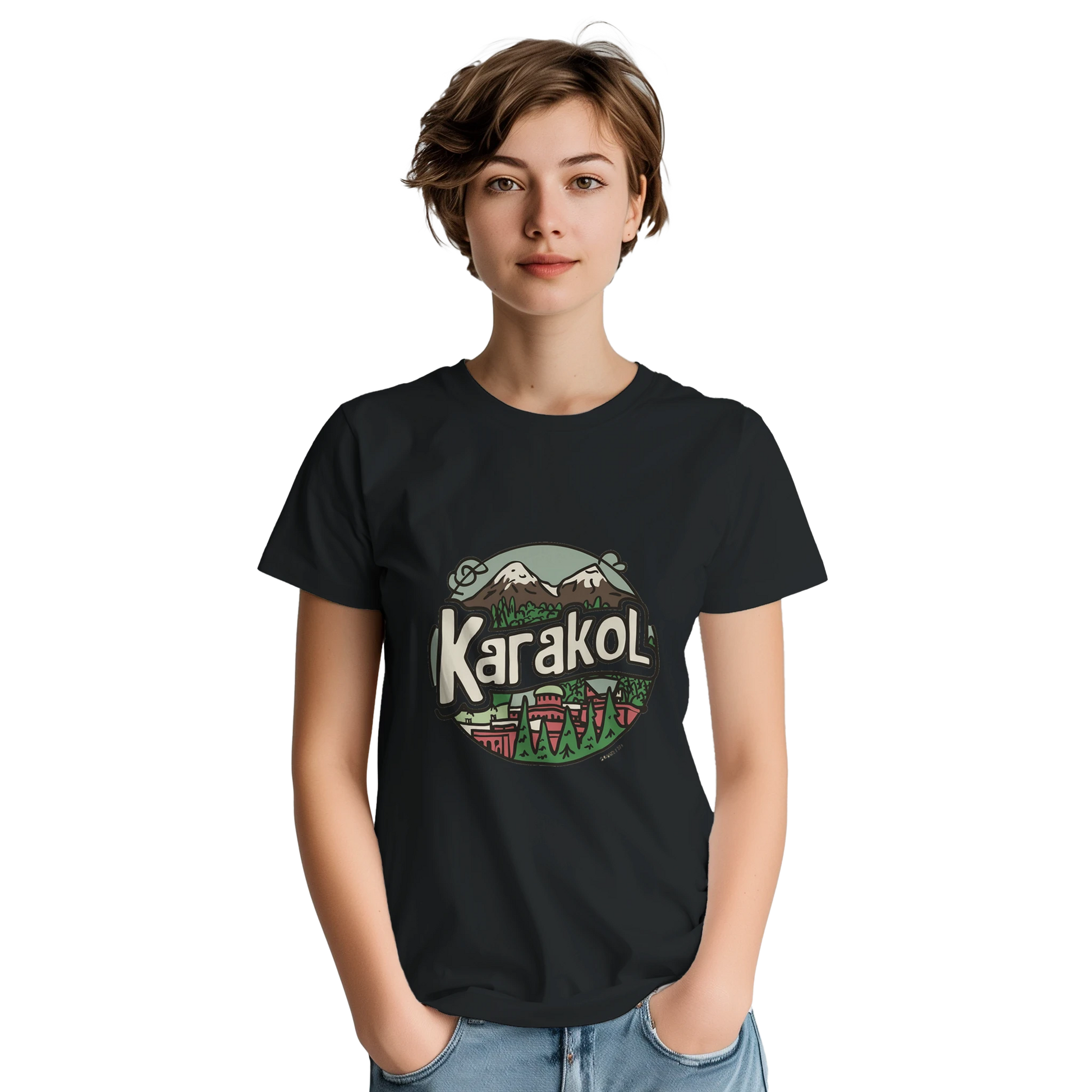Karakol Kyrgyzstan Unisex Travel T-Shirt featuring a person