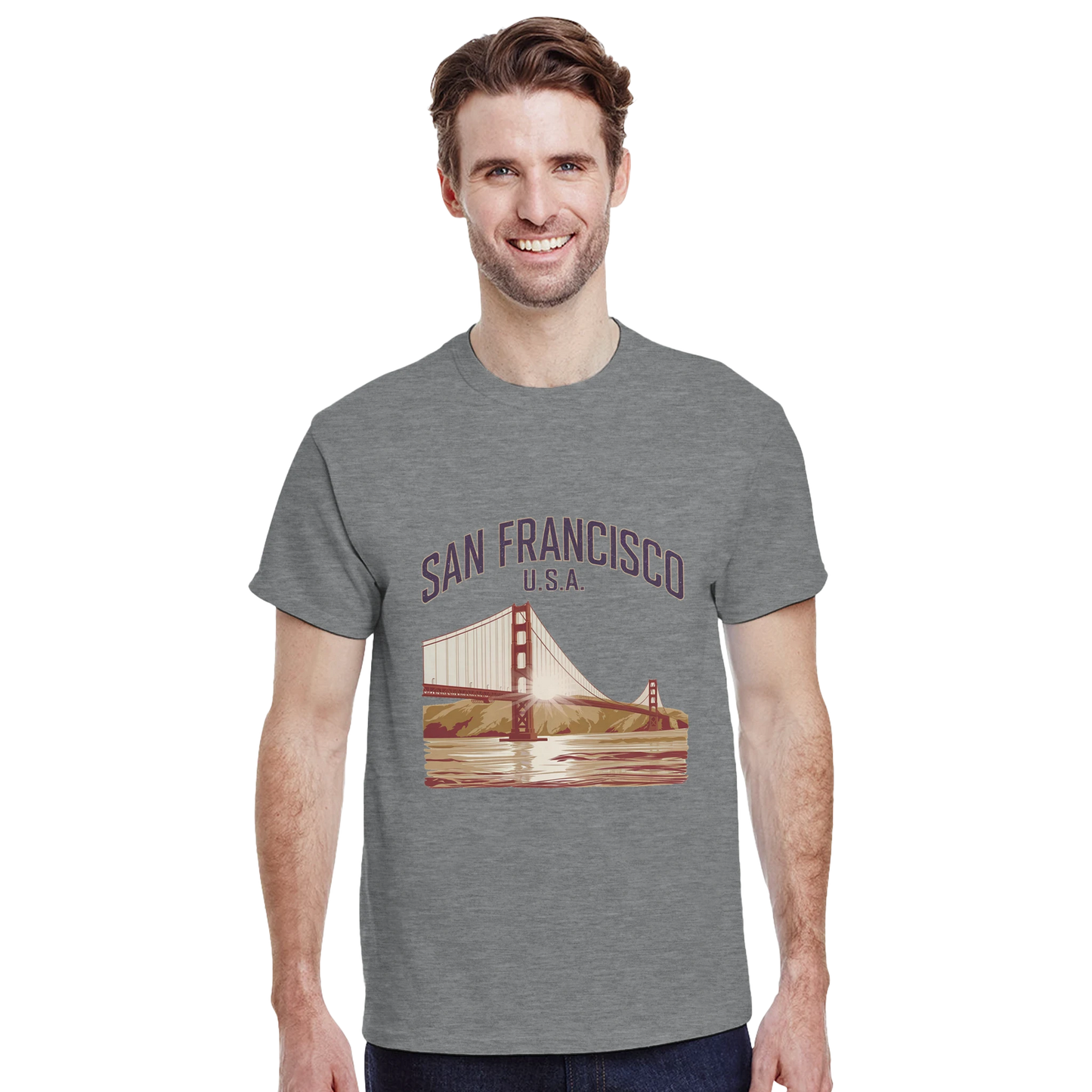 San Francisco USA Unisex Travel T-Shirt on wooden background with world map, passport, and boarding pass