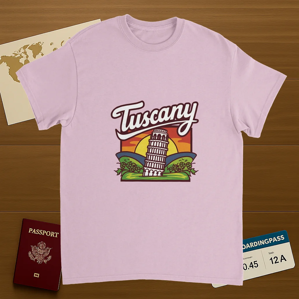 light pink Tuscany Italy Unisex Travel T-Shirt on wooden background with world map, passport, and boarding pass